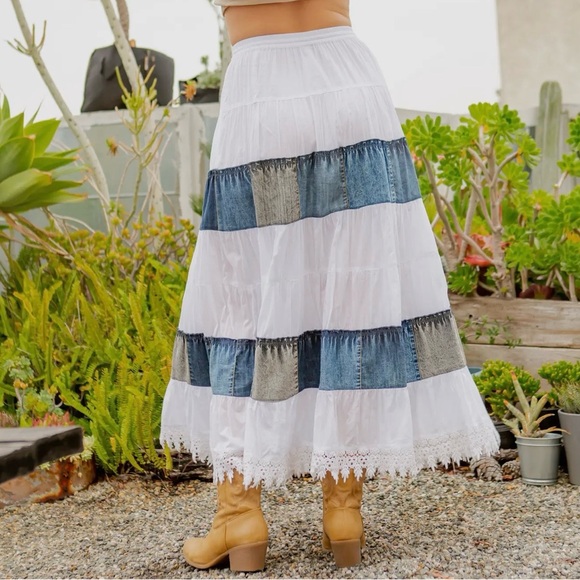 Bohemian White and Denim Tiered Maxi Skirt - Picture 3 of 7